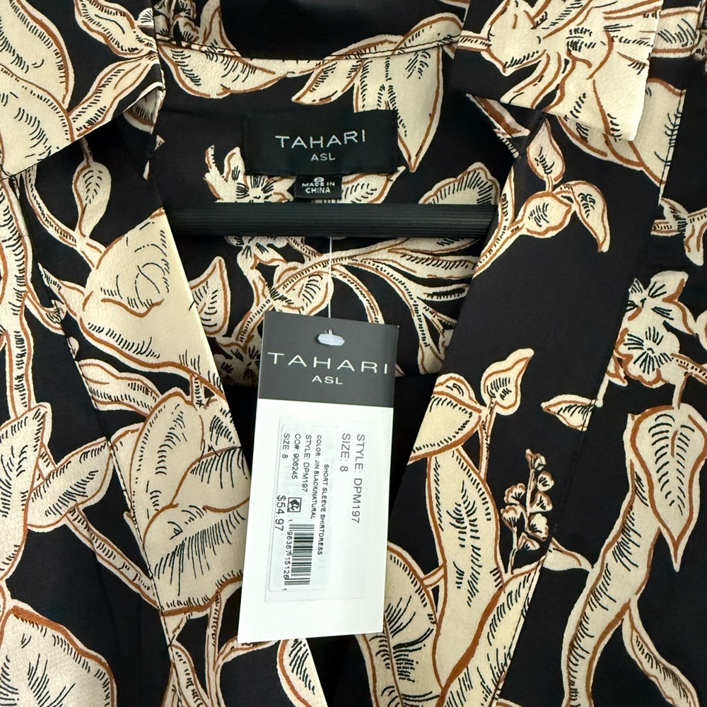 Tahari Black and Tan Flutter Tie Waist Midi Dress - Picture 2 of 4